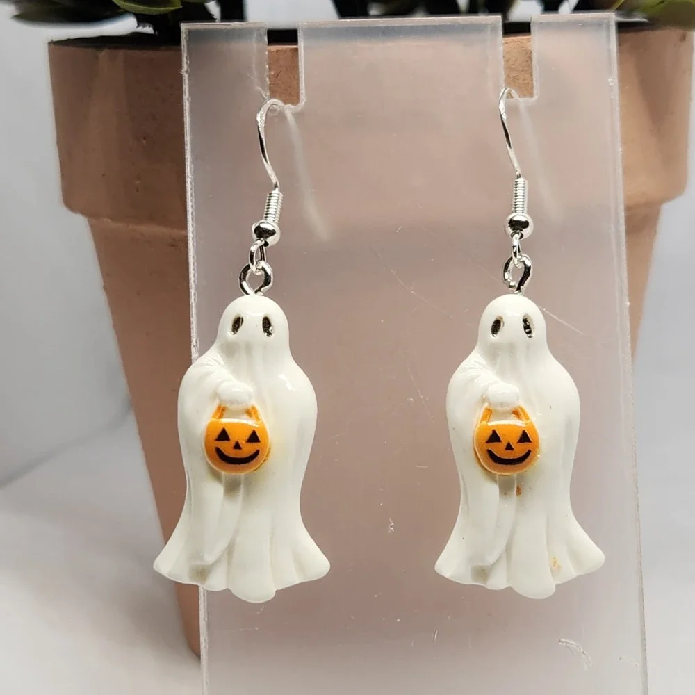 Halloween Ghost Trick or Treat Pumpkin Bucket‎ Dangle Earrings White Spooky